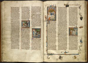 Royal 14 E. III, ff.88v-89 Lancelot kiveszi lefejezett nagyapja, a király fejét egy forrásban lévő kútból; két lovagra összedőlő épület. A jobb oldalon Arthur és Guinevere miniatúrája egy banketten ül az Estoire del Saint Graal-ból, alkotó: French School