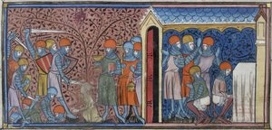 Royal 16 G. VI, f.185v Raid of Cordoba Mansur, illusztráció a „Chroniques de France ou de Saint Denis”-ből (vellum) alkotó: French School