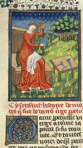 Royal 16 G. V, f.80 Jaia of Cyzicus, fésűvel, tükörrel és szobrászszerszámokkal, illusztráció Giovanni Boccaccio „De Claris Mulieribus” című művéből (tinta, szín és arany pergamen); alkotó: French School