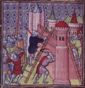 Royal 20 C.VII fol.19 A franciák elpusztítják Genovát, a 14. század végi Chroniques de France ou de St. Denisből (vellum) alkotó: French School