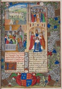 Royal 20 E. V, f.8 VII. Károly koronázása, jelenetek a „Chroniques de France ou de Saint Denis” 1487-ből (vellum) alkotó: French School