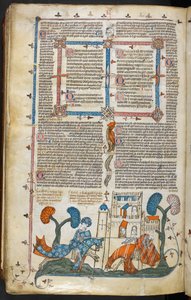 Royal MS 10 E IV f.313v, egy lapos jelenet, amelyben az egyik lovag egy másikat levetkőzik egy kastély előtt, 1300-40 körül (toll, tinta és tempera pergamenen) alkotó: French School