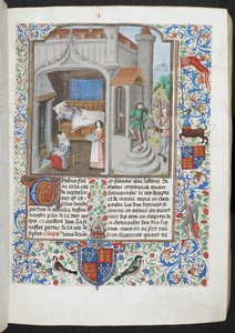 Royal MS 15 D I f.18r Nők, akik beteg férfit ápolnak, „Guyart des Moulins, La Bible historiale”, 1470–1479 körül (tinta, szín és arany pergamen) alkotó: French School