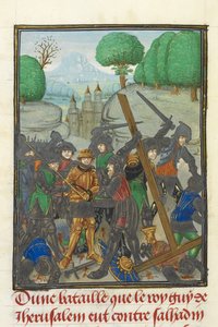 Royal MS 15 E I, f. 433v, Lusignan Guy veresége Szaladintól és a kereszt elvesztése, Tyrosi Vilmos 