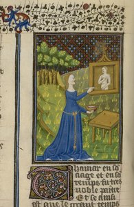 Royal MS 16 G V f.68v Thamar Diana istennőt festve, a „De claris mulieribus névtelen francia fordításban (Le livre de femmes nobles et renomées)”, 1440 körül (vellum) alkotó: French School