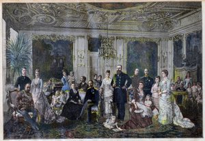 Királyi családok összegyűlnek Dániában, hogy megünnepeljék a cár és a cárnő ezüstlakodalmát Juleboekshusene kis falujában a „Le Petit Journal”-ból, 1891. szeptember 26. (színes metszet) alkotó: French School