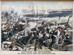 Orosz-japán háború - Japán támadás az orosz lövészárkok ellen Mukdennél, orosz-japán háború. Moukden környékén. A japánok megrohamozzák az orosz betöréseket. Illusztráció a Le petit Journalhoz, 1904. október 2. alkotó: French School