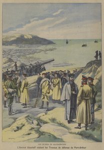 Jevgenyij Alekszejev orosz admirális az orosz-japán háború előestéjén a mandzsúriai Port Arthurban épülő védelemhez látogat (színes litó) alkotó: French School
