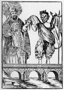 Szent Kádó (vagy Cadoc vagy Catuod vagy Catoc vagy Cazut vagy Cadochus) legendás szent keresztény egy macskát ad az ördögnek hídépítésért cserébe - népszerű képek Perret alkotó: French School