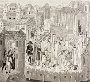Saint Gaugericus, Cambrai püspöke, aki kinevezésére érkezik a városba, Paul Lacroix „Katonai és vallási élet a középkorban” című művéből, London 1880 körül. alkotó: French School