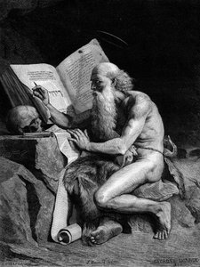 Szent Jeromos a sivatagban. Metszet Georges Sauvage (Auguste Albert Georges Sauvage dit) festménye nyomán (XIX. század). Metszet a „” Le Monde Illustré”” 1196. számában, február 28 alkotó: French School