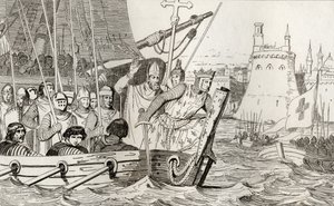 IX. Szent Lajos (1214-70) vezeti csapatait a csatában Colart „Histoire de France” című művéből, amely 1840 körül jelent meg alkotó: French School