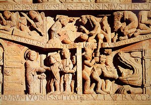 Szent Péter befogadja az áldottakat a mennybe, az elkárhozottakat pedig a pokol állkapcsába esnek, részlet az Utolsó ítéletből a West Portal Tympanumban, 1135 körül alkotó: French School