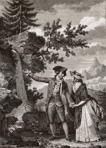 Saint Preux és Julie 1793-as metszete Jean Jacques (Jean-Jacques) Rousseau (1712-1778) svájci filozófus „Julie ou la nouvelle Heloise” című művéhez – Julie és Saint-Preux, illusztráció Jean-Jause Rousse „La Nouvelle Heloise” című művéből (1712-78) (metszet alkotó: French School