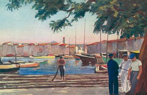 Saint Tropez: A kikötő (színes litográfia) alkotó: French School