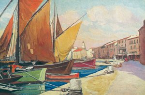 Saint Tropez: Vitorlás hajó a kikötőben (színes litográfia) alkotó: French School