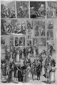 Salon de 1787: kilátás a Salon Carre-ra a Louvre-ban a párizsi festménykiállításon. Martini metszetei a "" The Picturesque Store"-ban alkotó: French School