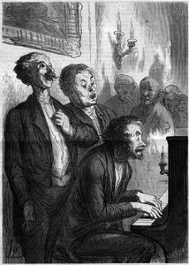 Singer Lounge. Honore Daumier (1808-1879) rajzfilmje. Metszet a „” Le Monde Illustré”” 290. számában, 1862. november 1.. alkotó: French School