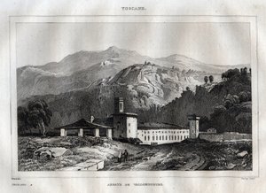 Santa Maria di Vallombrosa bencés apátság Reggello községben, Toszkánában - Vallombrosa apátság - Metszet a „” Olaszországból Festői”” – Olaszország történelmi és leíró festménye””, M. de Norvins, Ch. Nodier 1834-1836. alkotó: French School