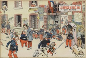 Szatíra a hadkötelezettség bevezetéséről a francia hadseregben. Illusztráció a Le Rire-hez (színes litó) alkotó: French School