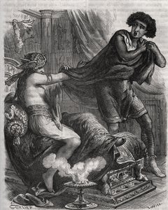 Jelenet a Bibliából: „” Megragadta a túl erényes fiatalembert a zubbonyánál””. Putiphar (Potifár) felesége megpróbálja elcsábítani Józsefet, a fáraó rabszolgáját. Metszet 1871-ből Henry de Kock (1819-1892) „Histoire Des Cocus Celebres” c. alkotó: French School