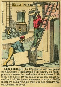 Iskolák, bemutatva a Harmadik Köztársaság előnyeit az iskolai oktatás fejlesztésében. Metszet, „” Le Figaro, melléklet”, 1889.03.30., Párizs. Coll. Selva. alkotó: French School