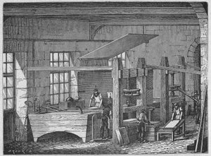 Tudomány. Papír készítés. Kézzel készített papír. Metszet itt: Nagy emberek és nagy ipari tények, Franciaország, 1880 körül (metszet) alkotó: French School