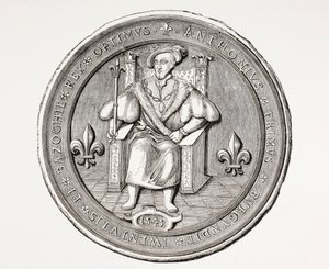 Basoche királyának, a párizsi bírósági rendszer jogi hivatalnokainak céhének vezetőjének pecsétje a Les Arts au Moyen Age-ből, 1873. alkotó: French School