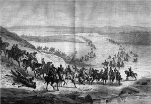 Szecessziós háború (1861-1865) vagy amerikai polgárháború: Stuart tábornok déli lovassága átkel a Potomac-on. Metszet a „” Le Monde Illustré”” 293. számában, november 22 alkotó: French School
