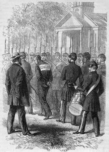 Szecessziós háború (1861-1865) vagy amerikai polgárháború: az északi fegyvert használó katona megbüntetése, akit harci hete vádjával vádolnak. Megkötözött kézzel, hátán „Lache” táblával, dobszóra kel át a táboron. Metszet a „” Le Monde Illustré”” sz alkotó: French School