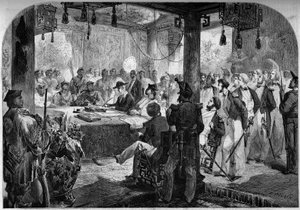 Második ópiumháború Franciaország, Anglia és Kína között (1858-1860) – a Tiencsin Szerződés (Tientsin) aláírása 1858-ban: Lord Elgin angol és francia nagykövet (James Bruce) alkotó: French School