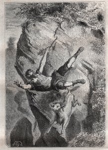 Selkirk fel-alá gurult zsákmányával; Alexandre Selkirk (Alexander Selcraig) (1676-1721), a csendes-óceáni Juan-Fernandez szigetén elhagyott skót tengerész kalandja négy éven keresztül, akinek kalandja Daniel Defoe Rob című regényét ihlette. alkotó: French School