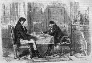 Sorozatregény: Emile Souvestre (1806-1854) „Gazdagok és szegények”. Két férfi beszélget: "A skrupulusok soha senkit nem kínoztak." Metszet a „Les bons romances”-ba alkotó: French School