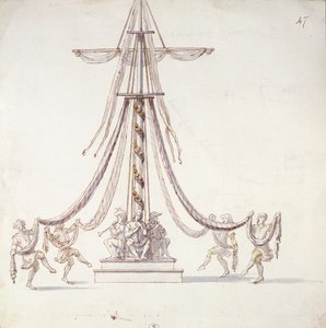 Díszlet egy árboc körül táncoló tengerészekkel készült baletthez, a Les Menus Plaisirs du Roi című kollekcióból (wc, toll és tinta papíron) alkotó: French School