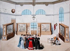 Díszlet egy operetthez, amelyben női operátorok szerepelnek egy központi telefonközpontban. 19. század vége (színes litó) alkotó: French School