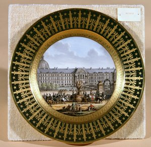 Sevres tányér, amely II. Frigyes (1712-86) kardjának érkezését ábrázolja a Hotel des Invalidesben (porcelán)