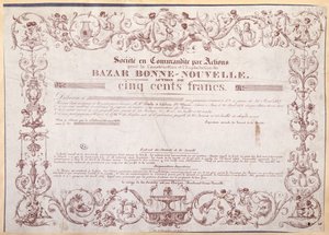 Részvényjegy 500 frank értékben a Bazar Bonne-Nouvelle számára, 1836 alkotó: French School