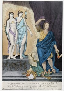 Siecle des Lumieres: „Az értelem és az igazság diadala”: Jean Jacques Rousseau alakja alatt a filozófia felfedezi az univerzum számára az értelmet és igazságot, amelyet a tévedés és a hazugság eltakar, amelyet egy sárkány és a pápaság attribútumai képvisel alkotó: French School