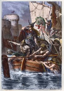 Párizs ostroma (885-887): a normannok (vikingek) inváziója 886-ban - Rollo (Rollon) viking portyázó, a Ranger megtámadja Párizst a Szajna folyón keresztül Kr.u. 885 - metszet a „” L