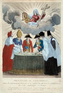 Az 1801. évi konkordátum aláírása 1801. július 15-én: a francia kormány (itt Joseph Bonaparte képviseletében) és a Saint Siege (amelyet Consalvi bíboros képvisel VII. Pius pápának) között írják alá. 1801 Párizs, Musee Carnavalet alkotó: French School