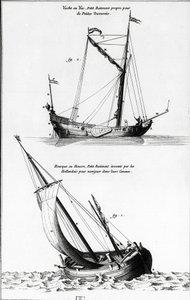 Hajók vázlata: egy jacht vagy jak és egy hourque vagy hollock, ami egy kis csónak, amelyet a hollandok találtak ki a csatornákon való navigálásra - a „” Diderot encyclopedia”-ban”, 7. kötet Marine, metszet, Bibl. Sötétkék. alkotó: French School