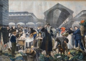 Levesstand a Les Halles-i piacon reggel, illusztráció a "Le petit Journal"-ból, 1897. március 2. - la soup aux Halles le matin Párizsban - Fortune-Louis Meaulle metszete Jean Jacques Rousseau (1861-1911) nyomán alkotó: French School