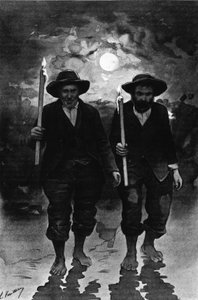 Forrás és beteg: két férfi, egy éjszakai telihold, mindegyik gyertyát tart és mezítláb jár (menet?) - a „Journal des voyages”-ban alkotó: French School