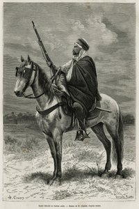 Spahi, hatékony lovas és rettegés, aki hozzájárul Algéria meghódításához, Franciaország szolgálatában, az arab irodában vonul ki, H. Charles rajza után metszet, hogy illusztrálja A. Heron Tebessa és emlékei (Algéria) című történetét. de Villefosse, alkotó: French School