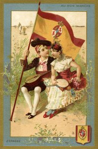 Spanyol fiú és lány, különböző országokból származó gyerekeket ábrázoló illusztrációk sorozatából, a párizsi Bon Marché Áruház promóciós kártyáiként, 1890 körül alkotó: French School