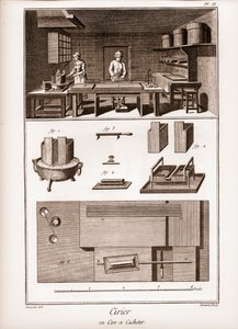 Spanyol viaszgyár – műhely, ahol a viasz poilit – „” La Grande Encyclopédie, ou Dictionnaire Raisonne des Sciences, des Arts et des Metiers” (Encyclopedia vagy Dictionary of the Sciences, Arts and Profession) Denis Diderot (1713-1784) és Jean d