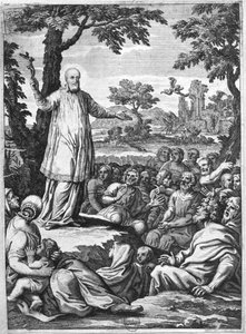 Szalézi Szent Ferenc (1567-1622) a chablais-i eretnekeknek prédikál (metszet) (bw fotó) alkotó: French School