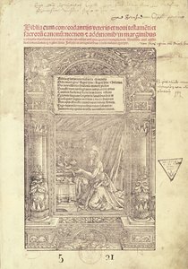 Szent Jeromos a Studiolo című művében, egy Biblia címlapja, J. Marion, Lyon, 1521