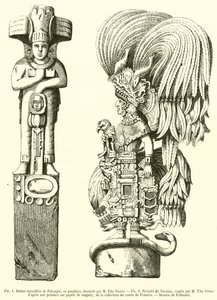 Palenque monolit szobra, porfírban; Yucatan istensége (metszet) alkotó: French School
