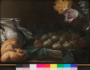 Csendélet fügével, kannával, virágokkal és kenyérrel, 1740-50 alkotó: French School